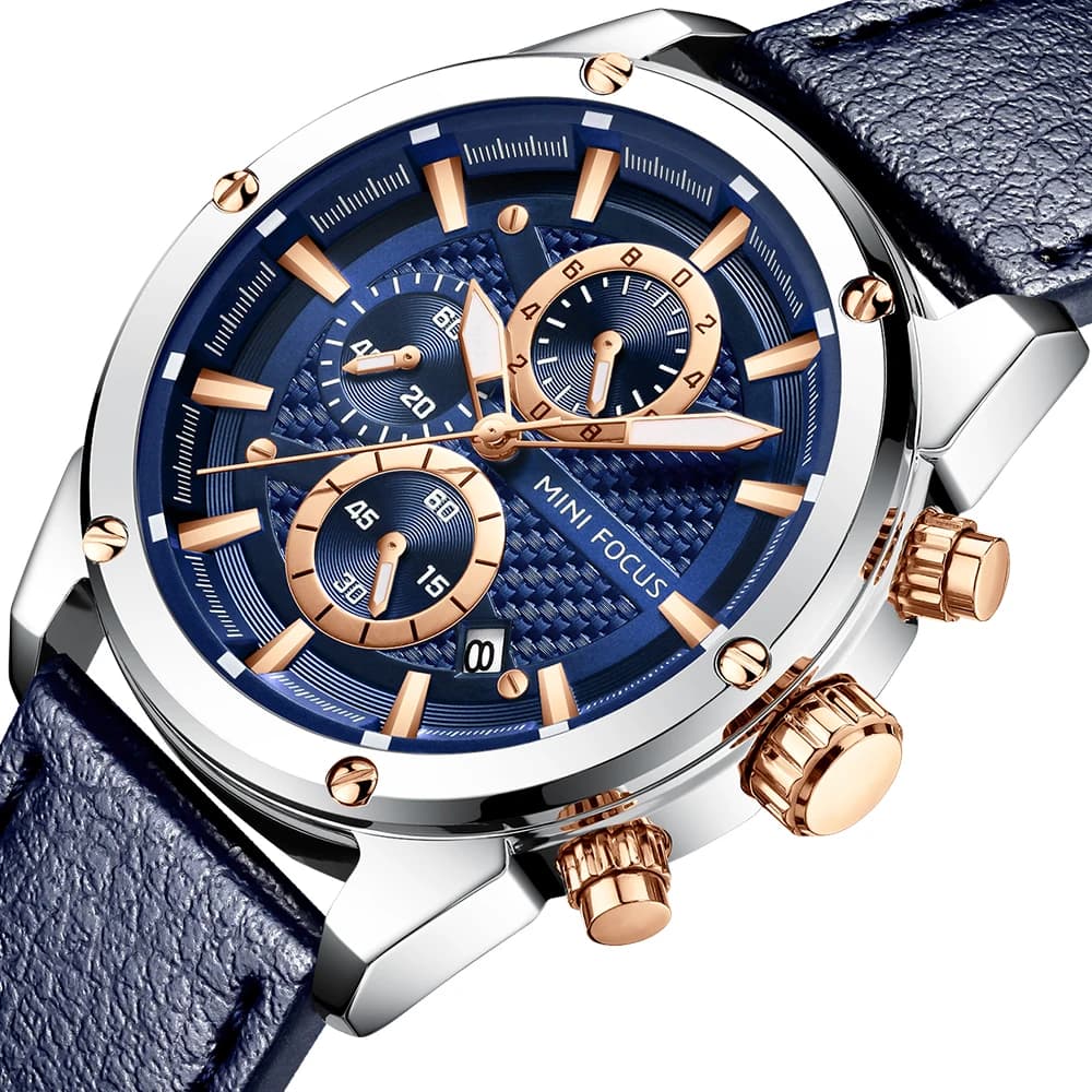 MINI FOCUS Business Quartz watches for men Waterproof Luminous chronograph wristwatch Leather strap Reloj hombre 0161G watch