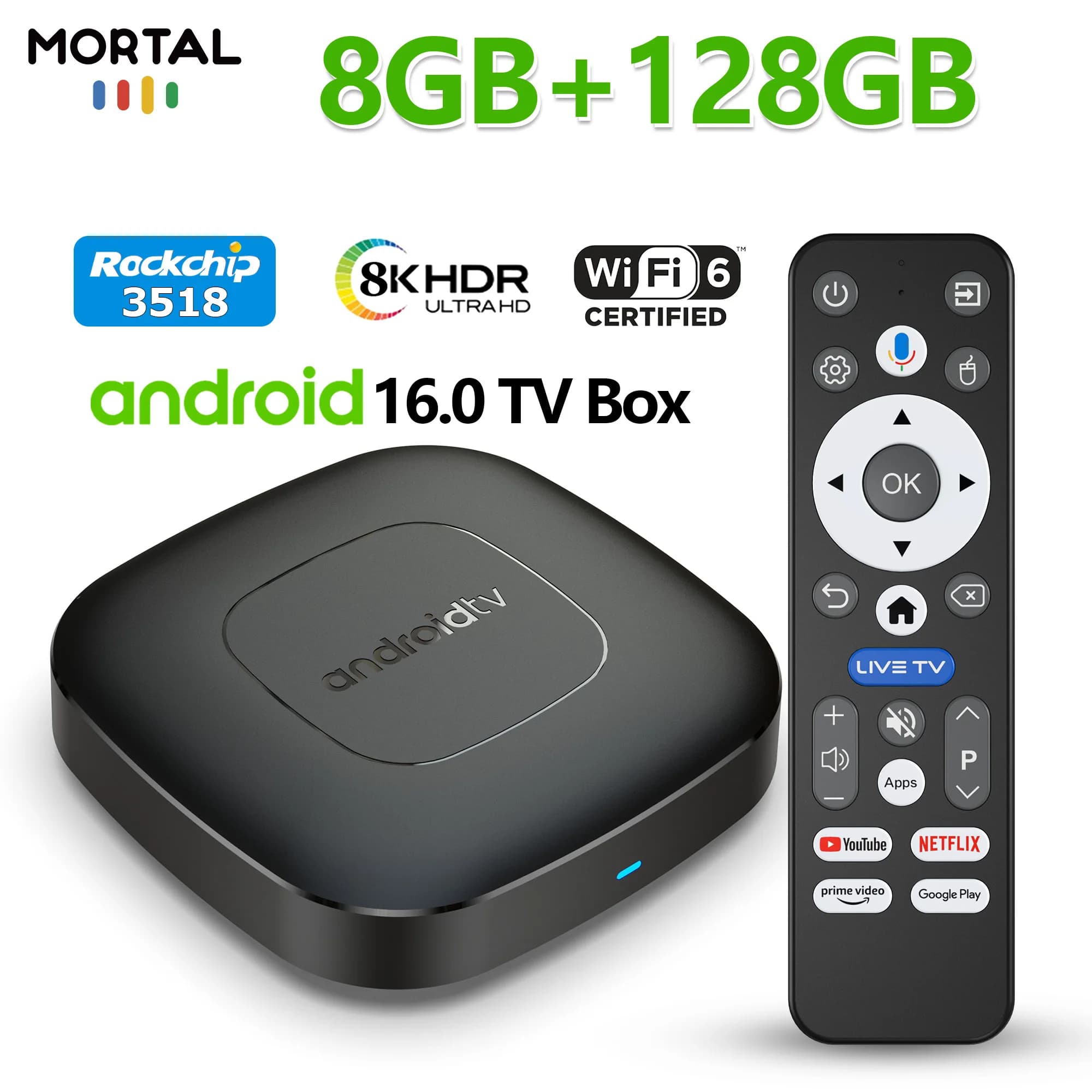 Android TV box 16 Smart 2026 T1 RK3518 Quad Core WiFi 2.4G/5G with Dual UI support, Google Assistant and Multimedia Player Streaming