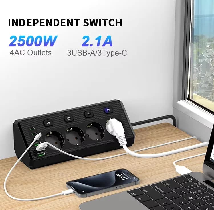 Corner table brace with individual switches and extension cable for home and office