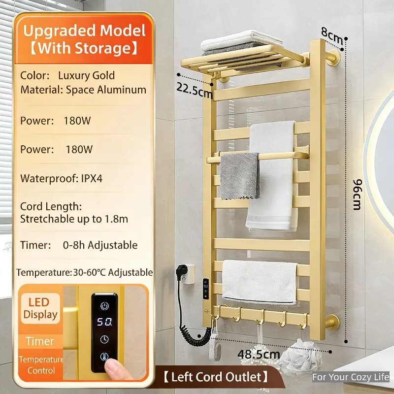 Scaldasalviette Elettrico Pieghevole in Alluminio con Superficie Antibatterica, Timer, Risparmio Energetico, Design Moderno per Bagno e Palestra (9 Barre)