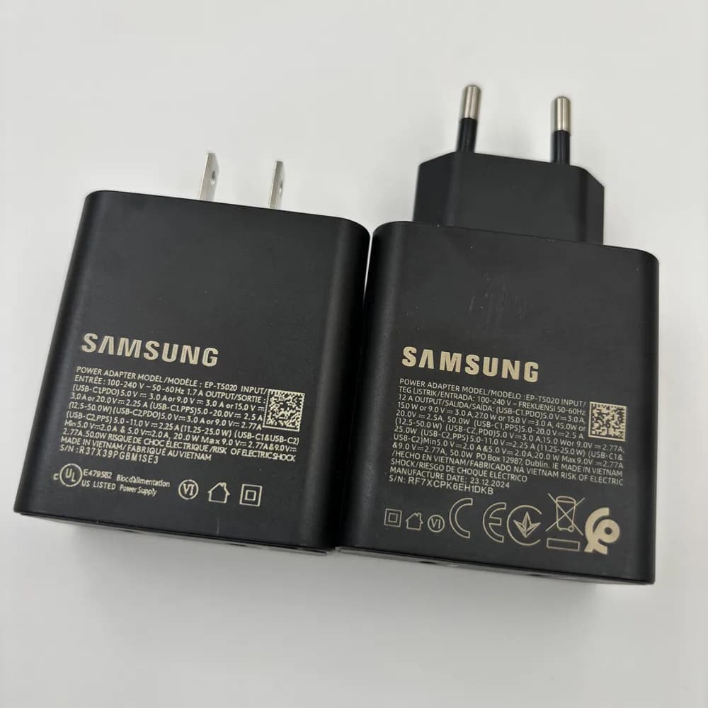 T5020 Samsung 50W Max + 25W Max PD Adattatore di ricarica per ricarica super veloce UE USA per Galaxy S25 S24 Ultra Plus Fold Flip 6 5 4