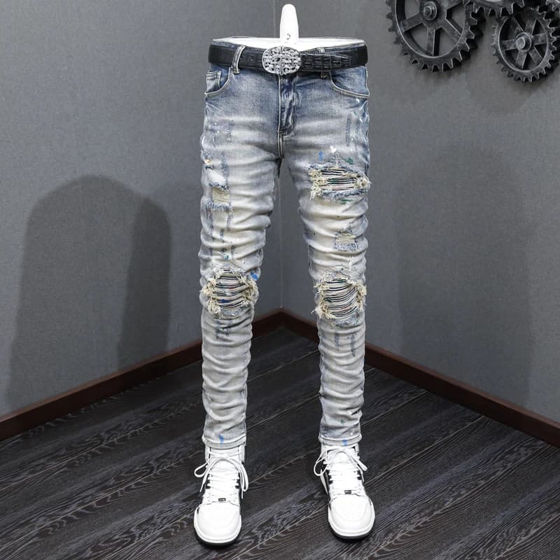 Men's Y2K Street Fashion Light Blue Paint Washed Jeans Nostalgic Perforated Patch Hip-Hop Designer Brand Pants Hombre