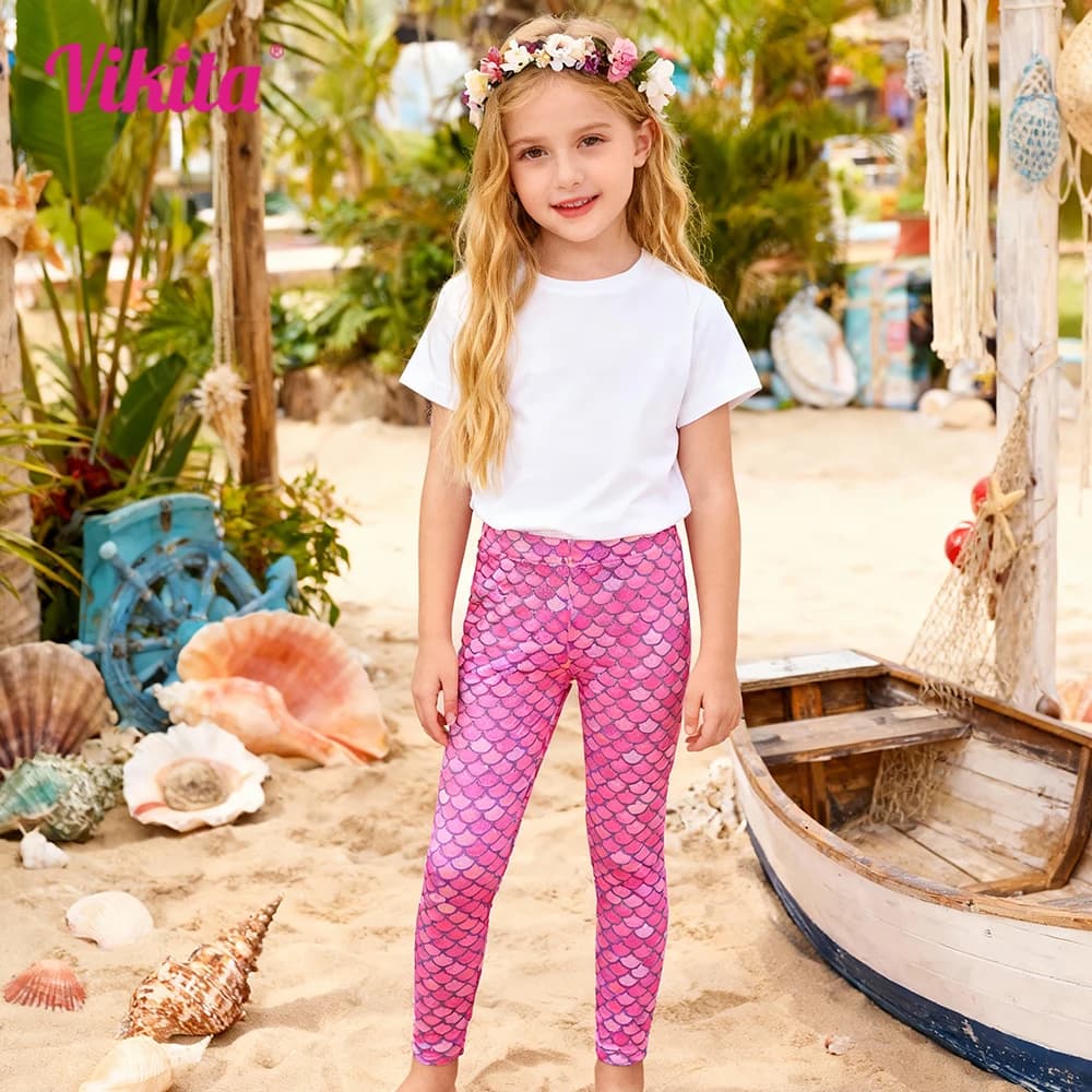 VIKITA Leggings per Bambine con Motivo a Squame di Sirena, Pantaloni Casual con Glitter Sfumato ed Elastico in Vita per Vacanze e Spiaggia