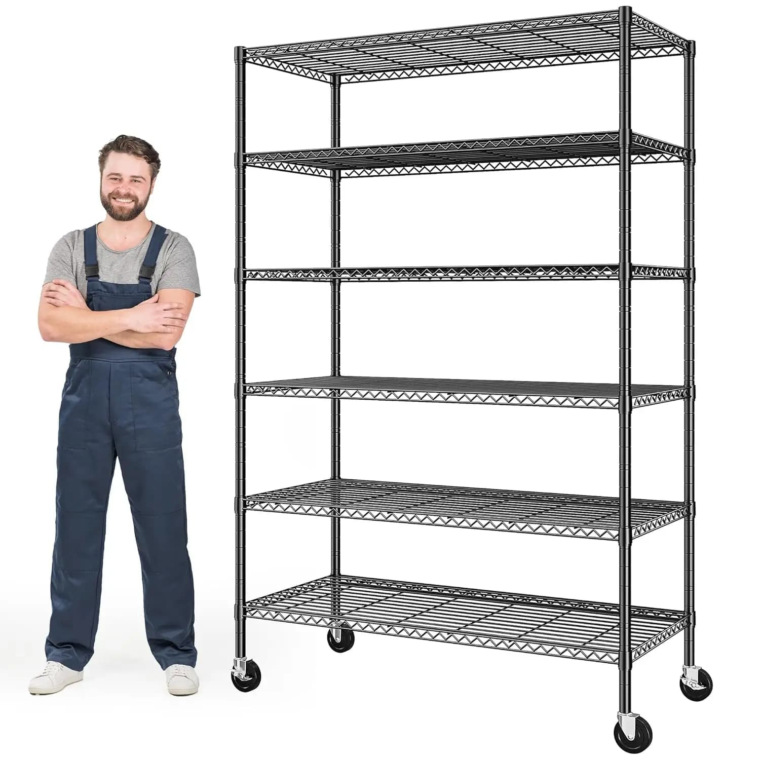 Scaffali di Stoccaggio con Ruote 82" H x 45" L x 18" P, Scaffalatura a 6 Ripiani in Filo Metallico Regolabile, Scaffali per Dispensa, Personalizzabili