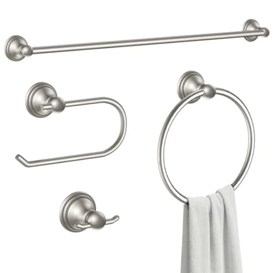 Set Classico di 4 Accessori per il Bagno: Portasciugamani da 24 Pollici, Portarotolo, Anello Portasciugamani e Gancio per Accappatoio in Lega di Zinco Resistente