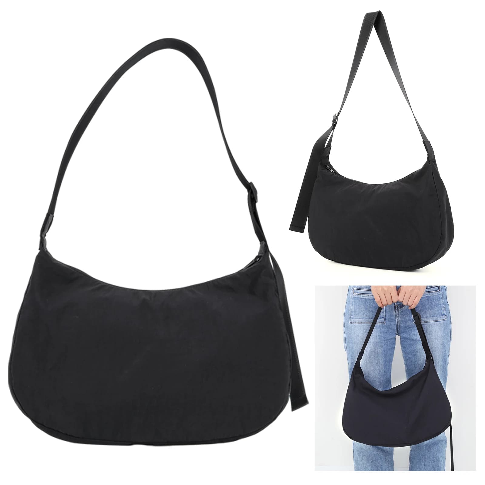 Borsa a Tracolla da Donna in Nylon con Cerniera, Borsa a Mezzaluna Casual alla Moda, Borsa a Spalla Hobo Elegante per Ragazza