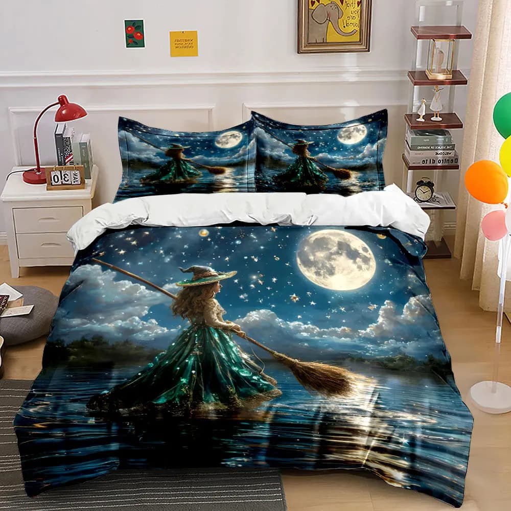 Set di biancheria da letto magica da 3 pezzi, stampa con strega giovane su una scopa sotto la luna, copripiumino + 2 federe, decorazioni fantasy per Halloween