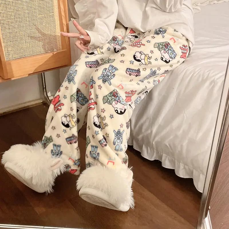 Kawaii Coral Fleece Girls Trousers Crayon Shin-Chan Women Plush Pajama Pants Anime Winter Warm Thicken Home Pants Cute Hip Hop