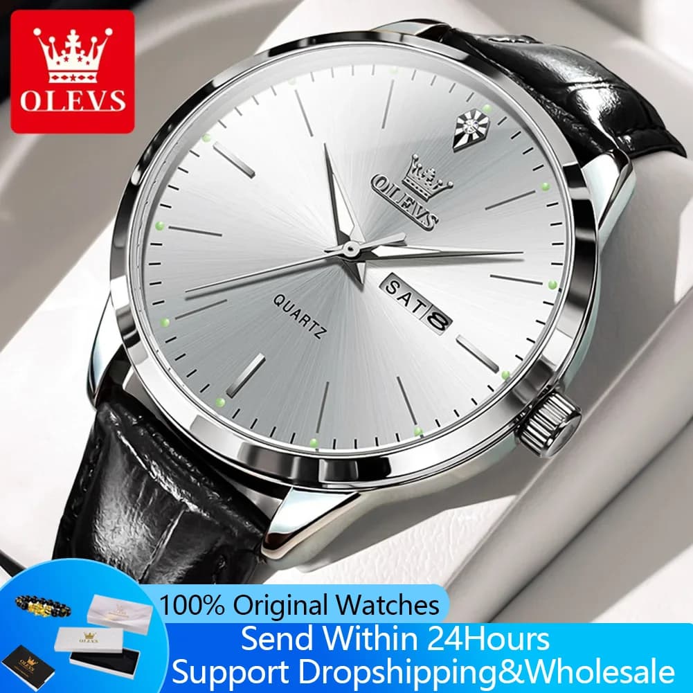OLEVS 2935 Orologio da uomo Doppio calendario Orologio al quarzo luminoso impermeabile per uomo 43mm Orologio da polso da uomo d'affari in pelle con quadrante grande
