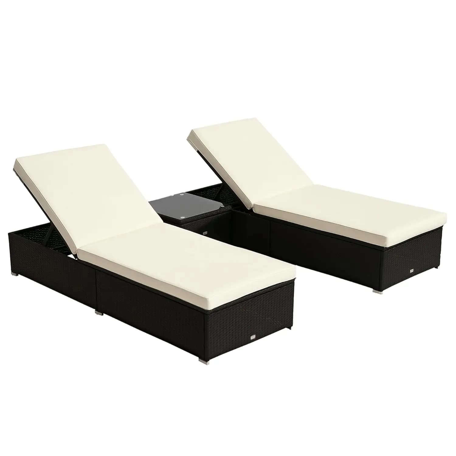 Set Chaise Longue Regolabile 2 Sedie Tavolo Cuscini in Rattan PE per Esterni Piscina 3 Pezzi, Personalizzabile