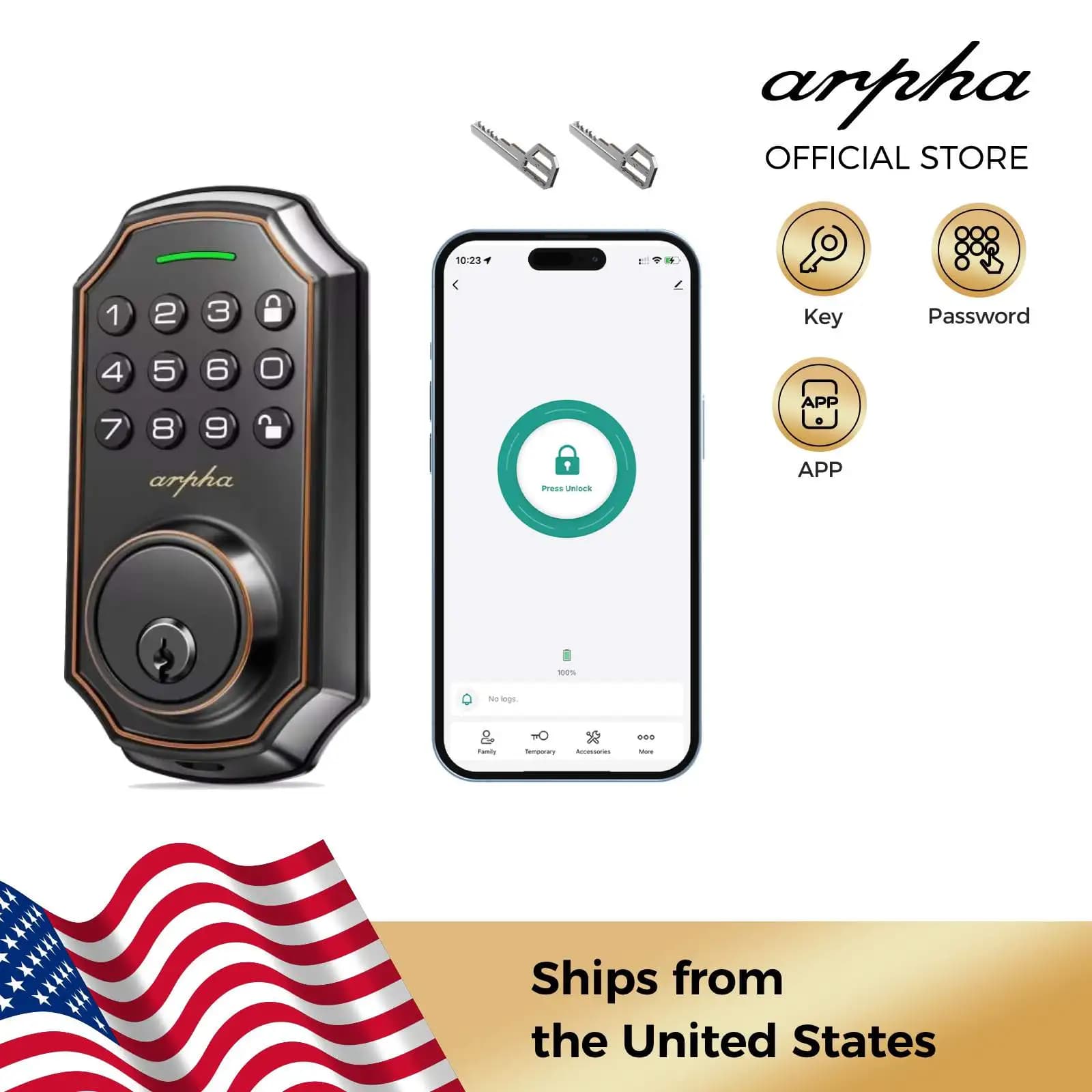 Arpha D180 Smart Door Lock 100 codici Anti-Peep Tastiera a 16 cifre Keyless Entry Door Lock Controllo app Facile installazione per la casa