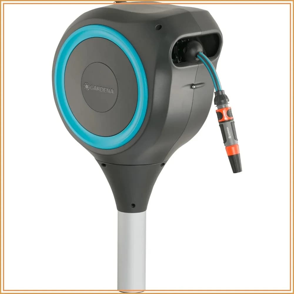 50ft Auto-Retractable Garden Hose Reel with 360° Swivel, Metal Spike Base, UV Resistant, Easy Install