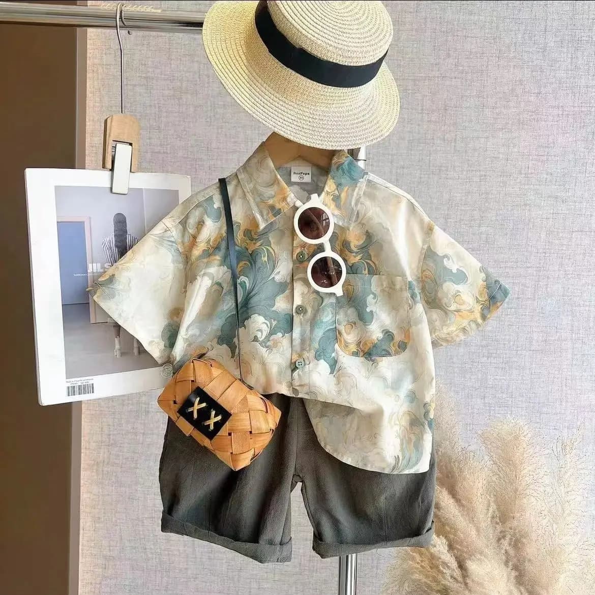 Completo estivo da bambino a due pezzi con camicia a maniche corte e pantaloncini, set di abbigliamento per bambini