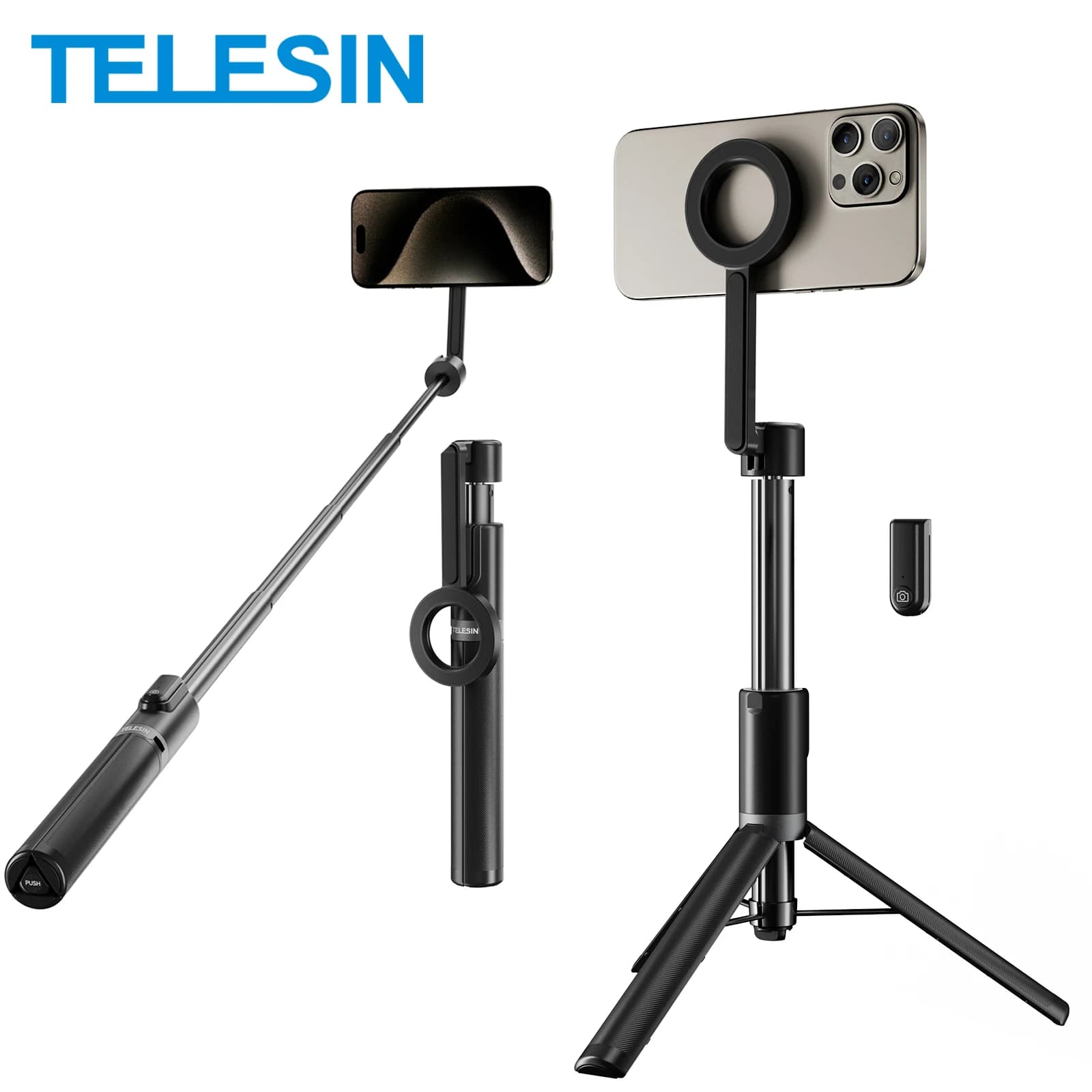 TELESIN Treppiede magnetico per selfie stick per telefono cellulare con supporto remoto per cellulare per iPhone 14 13 12 Pro Max Riprese verticali