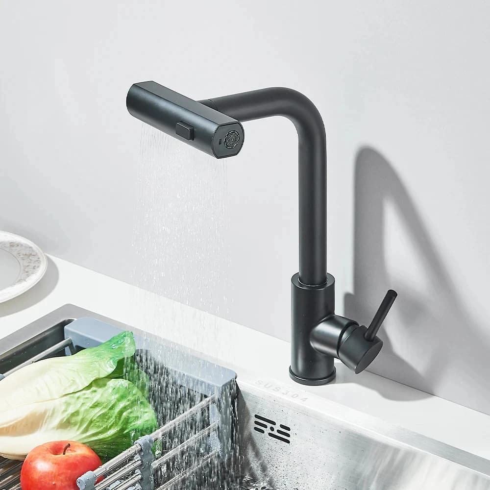 Rubinetto da cucina estraibile nero, miscelatore flessibile per lavello da cucina con acqua calda e fredda montato su piano con modalità doccia a flusso