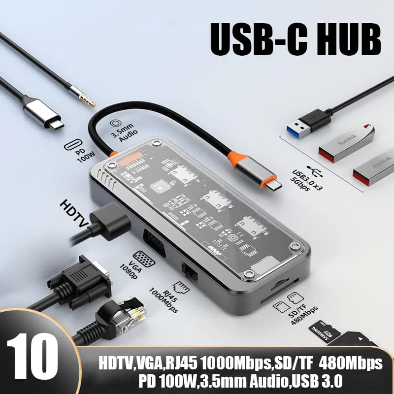 Hub USB-C 10 in 1, Docking Station for MacBook Type-C Devices, Adapter with SD, TF, RJ45 1000M, Audio Converter 3.5mm