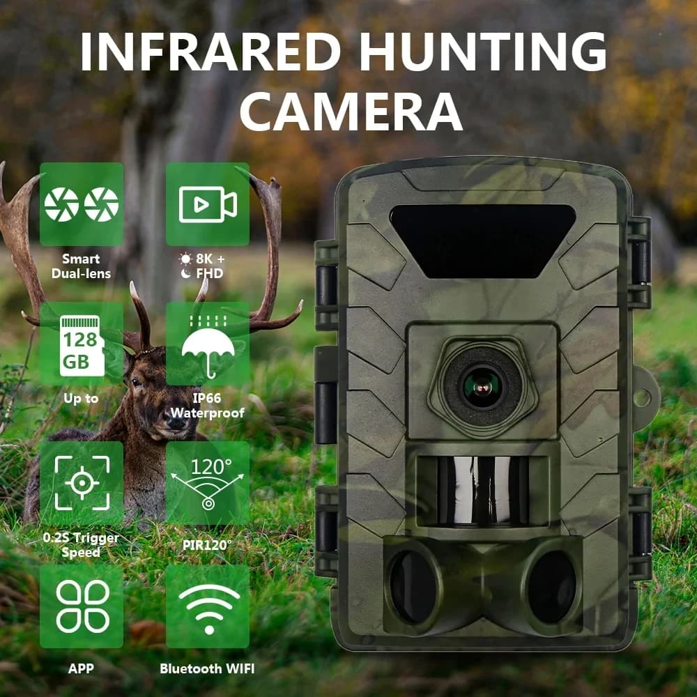PR803W Telecamera da trail a infrarossi Wifi Telecamera da gioco da caccia 8K 60MP con app TrailCam Go View Scarica foto Osservazione VAnimal