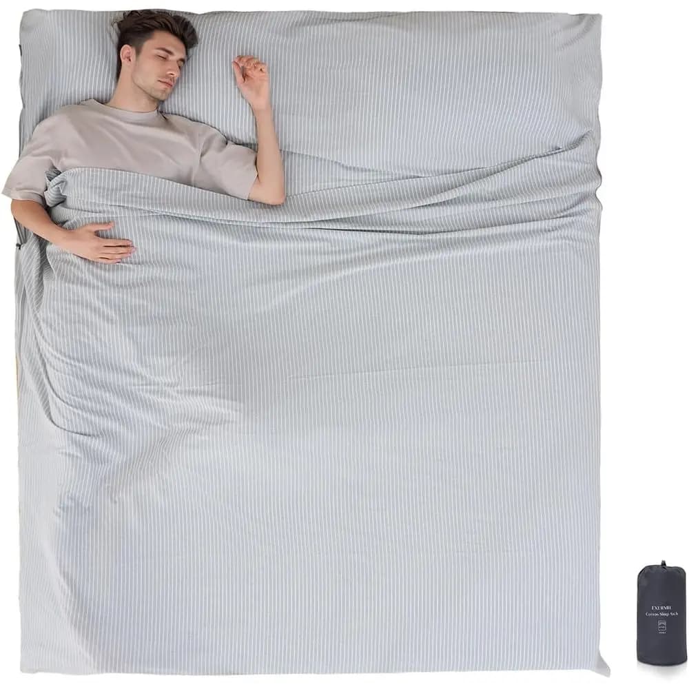 100% Cotton Sleng Bag Liner with Full-Length Zipper on 3 Sides; Single/Double Adult Sleep Sack or Travel & Camping, Multifunctio