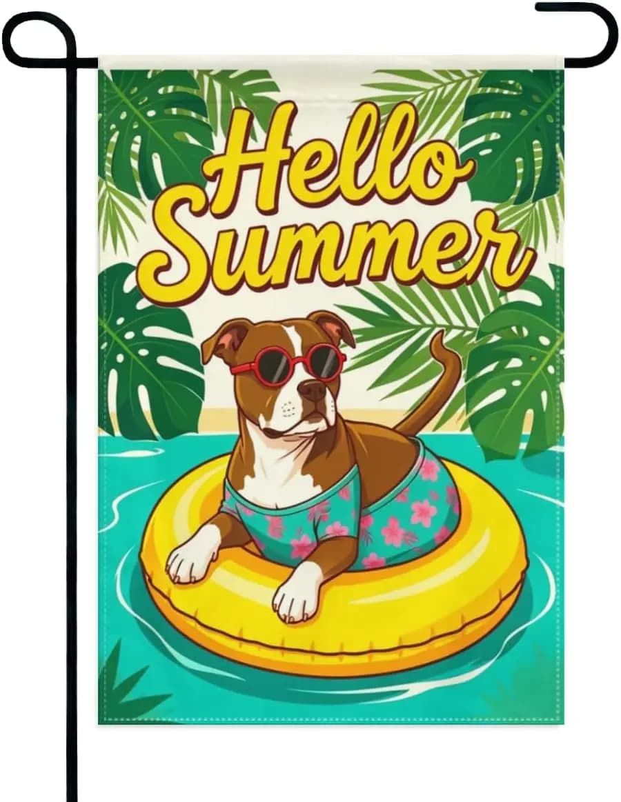 Hello Summer Pitbull Dog Garden Flag 12x18 Inch Double Sided – Funny Pitbull in Swimsuit with Sunglasses Outdoor Yard Decora MMZ