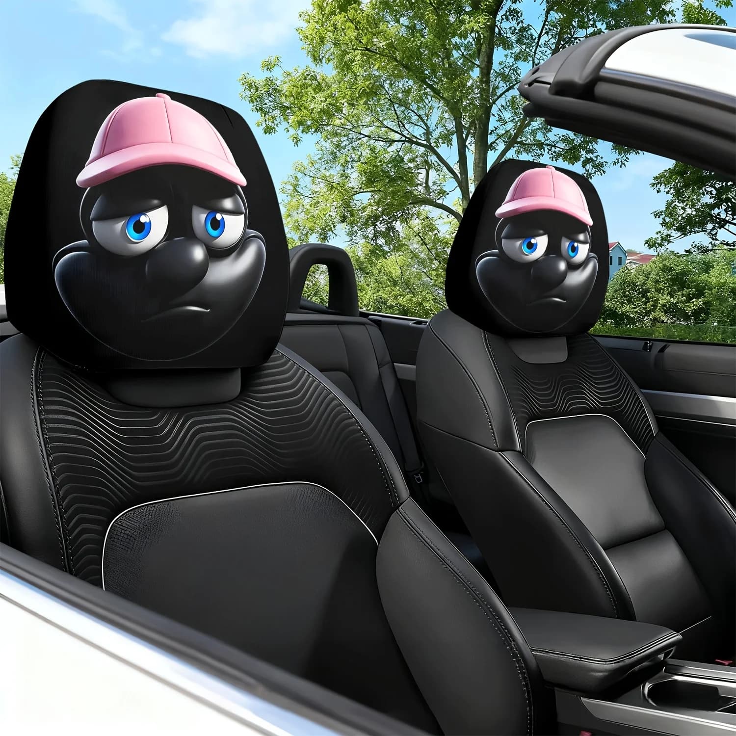 2 Pezzi Cuscino Poggiatesta per Auto con Stampa a Tema Espressione Melancolica su Cappellino da Baseball Rosa - Con Taglio Sagomato