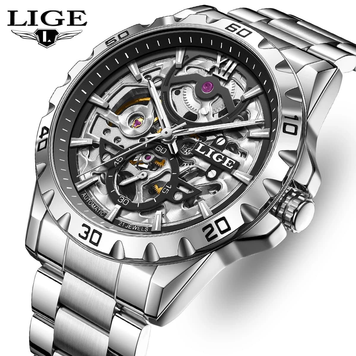 LIGE Skeleton Orologi da uomo Anello Orologi meccanici automatici da uomo di lusso Orologio con cinturino in acciaio inossidabile impermeabile luminoso + scatola