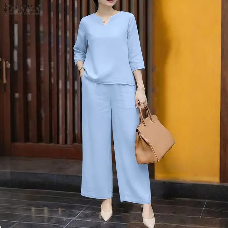 ZANZEA Set Coordinati Moda Donna Primavera 2026, Completo con Scollo a V, Maniche 3/4, Camicetta e Pantaloni, Tuta Casual Tinta Unita OL, Set 2 Pezzi