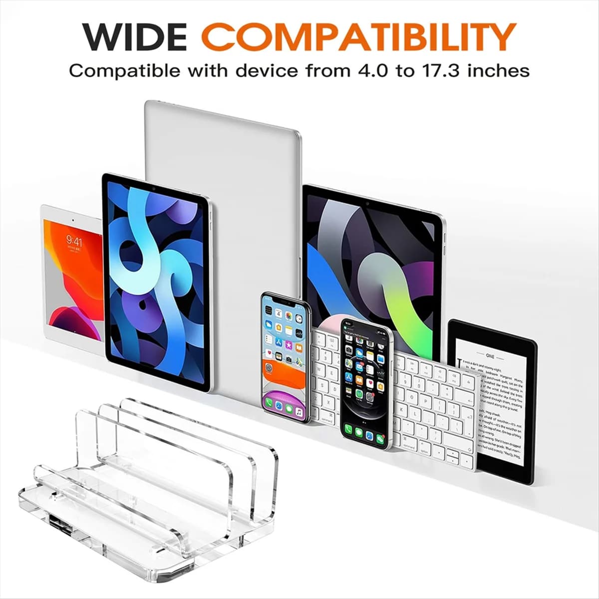 Supporto verticale per laptop AT59, scrivania porta laptop in acrilico con dock regolabile, supporto doppio per notebook da tavolo adatto a tutti