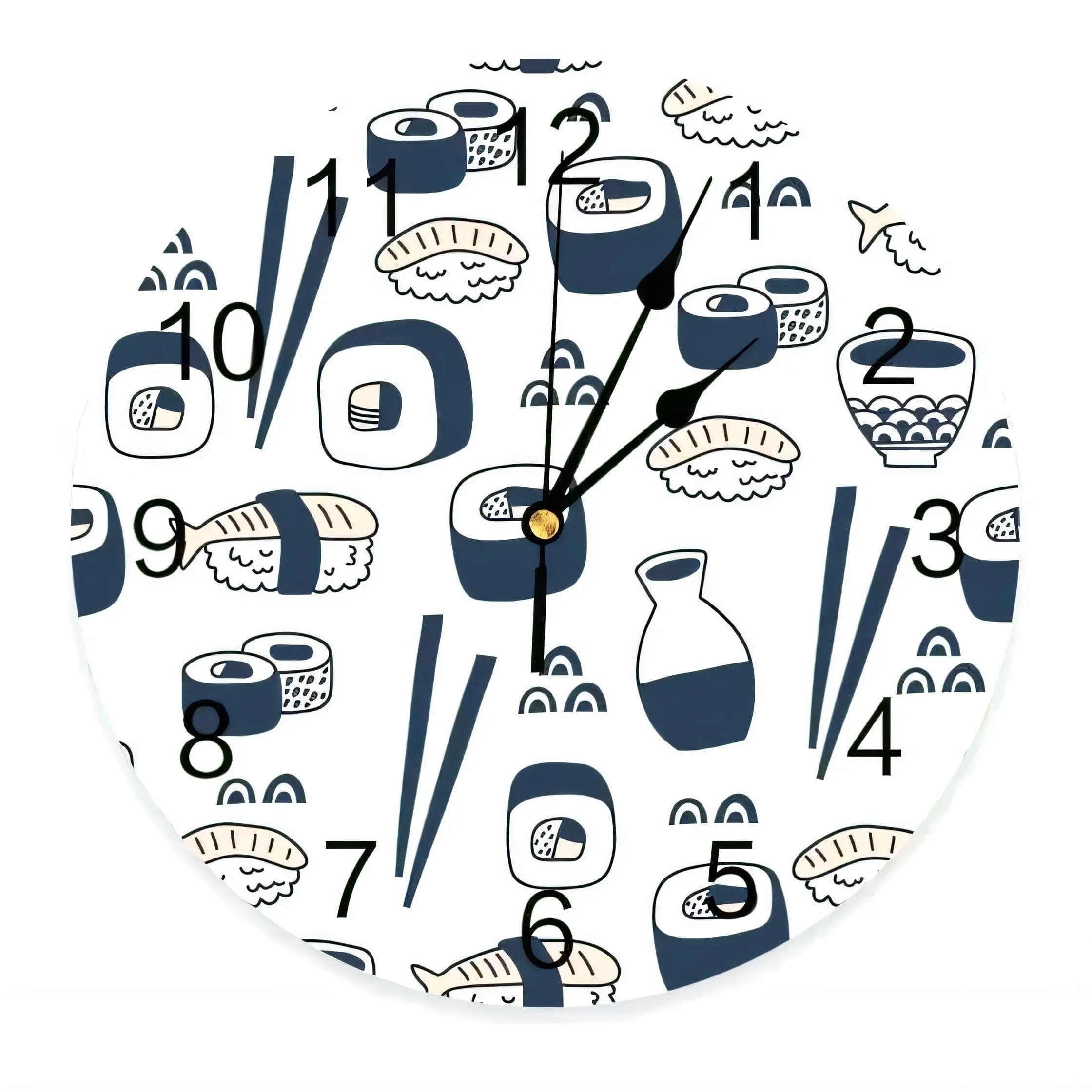 Japanese Sushi Wall Clock Silent Non Ticking Battery Operated Kitchen Dining Decorative Round Minimalist Modern Whimsical