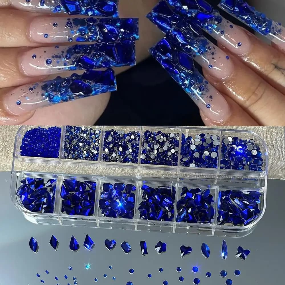 12 griglie 3D vetro zaffiro blu nail art strass forme miste con retro piatto decorazioni per unghie con diamanti pietre preziose scintillanti per manicure