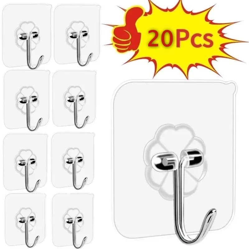 20pcs Transparent Stainless Steel Self-Adhesive Hooks Bathroom Towel Clothes Storage Sticker Hook Key Hangers Storage