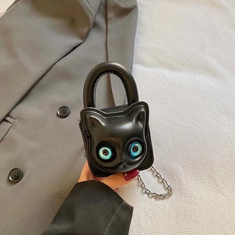 Elegant Mini Shoulder Bag with Heterochromic Cat Eyes, Magnetic Clasp, Lipstick Door, Vintage Leather with Cat and Cat Head, Women's