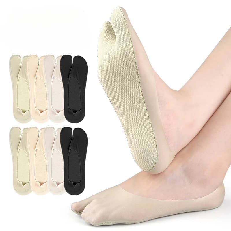 Un paio di calzini estivi sottili in seta effetto ghiaccio con doppio dito, invisibili, con punta divisa, antifrizione, con tallone antiscivolo in silicone.