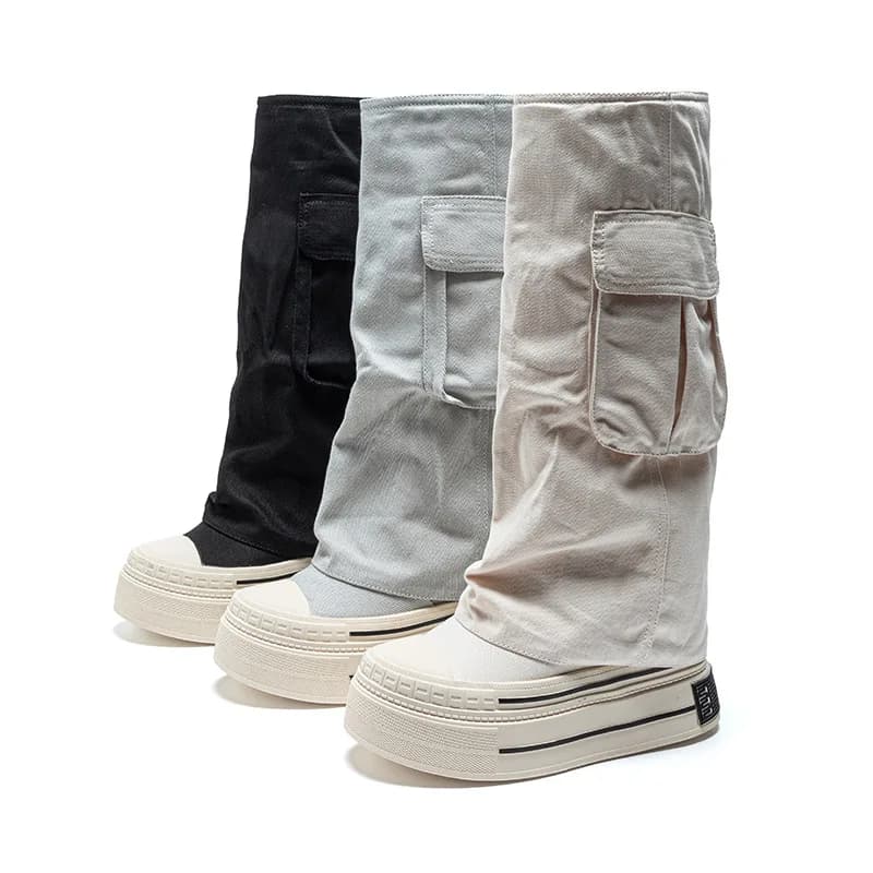 12cm Denim Cnvas 2025 Fall Winter New Brown Fashion Boots Versatile Platform Heightened Vintage Trouser Heel Boots Women