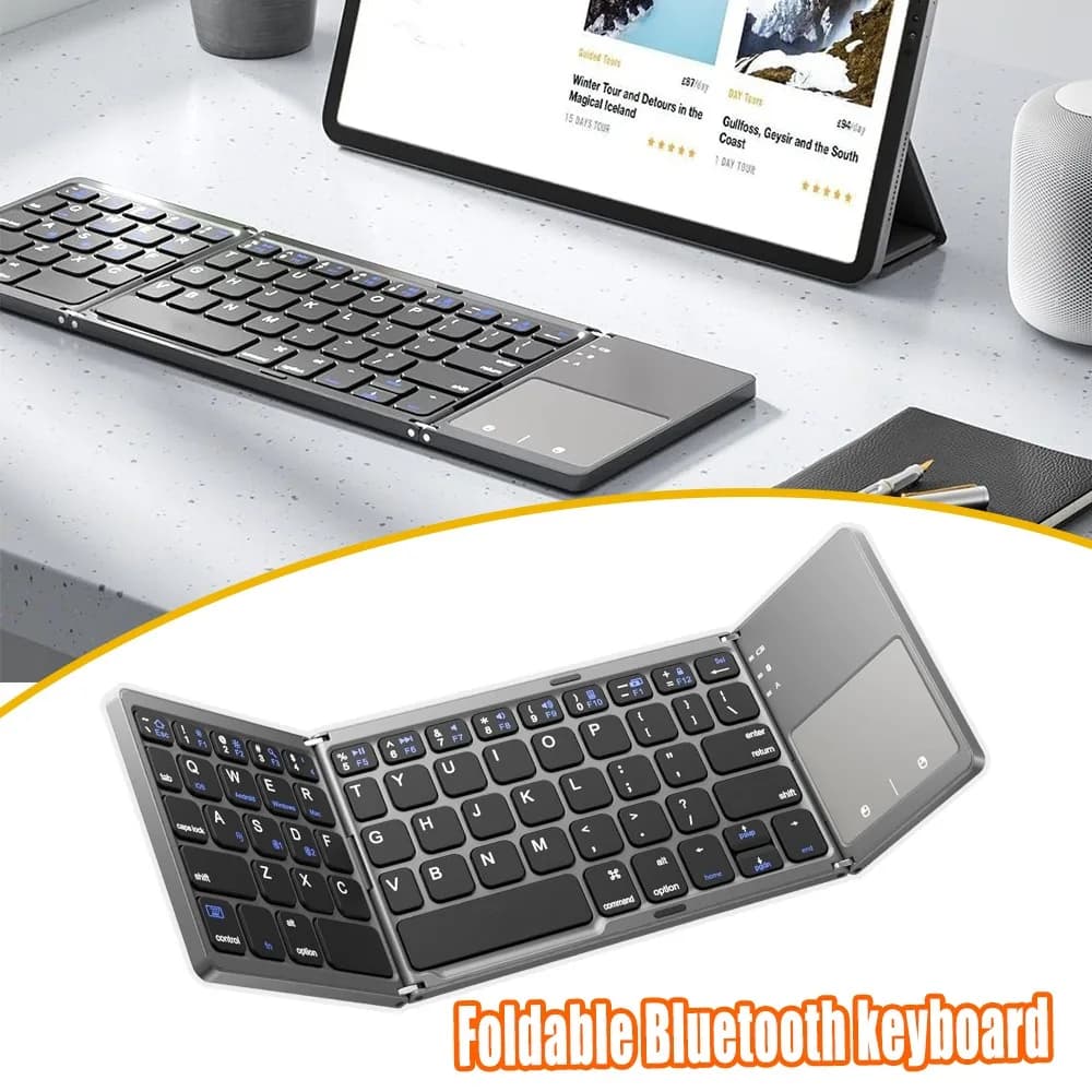 Rechargeable Foldable Bluetooth Keyboard With Touchpad Wireless Portable For Android Windows iOS Tablet Laptop Gray