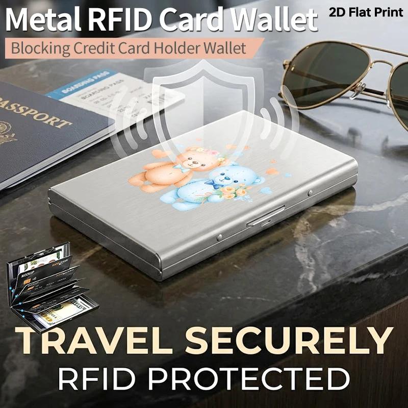 Portacarte in Metallo RFID Bloccante per Coppie con Orsetti, Porta Carte di Credito Sottile in Alluminio Anti-Furto, Portafoglio Smerigliato con Apertura Laterale