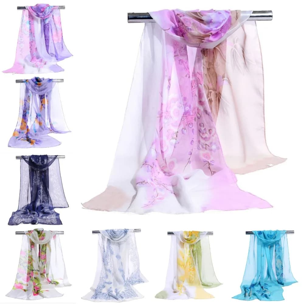 Hot Sale Flower Print Long Chiffon Scarf Butterfly Sun Protection Wrap Hijab Soft Wrap 10 Colors Shawl Silk Women