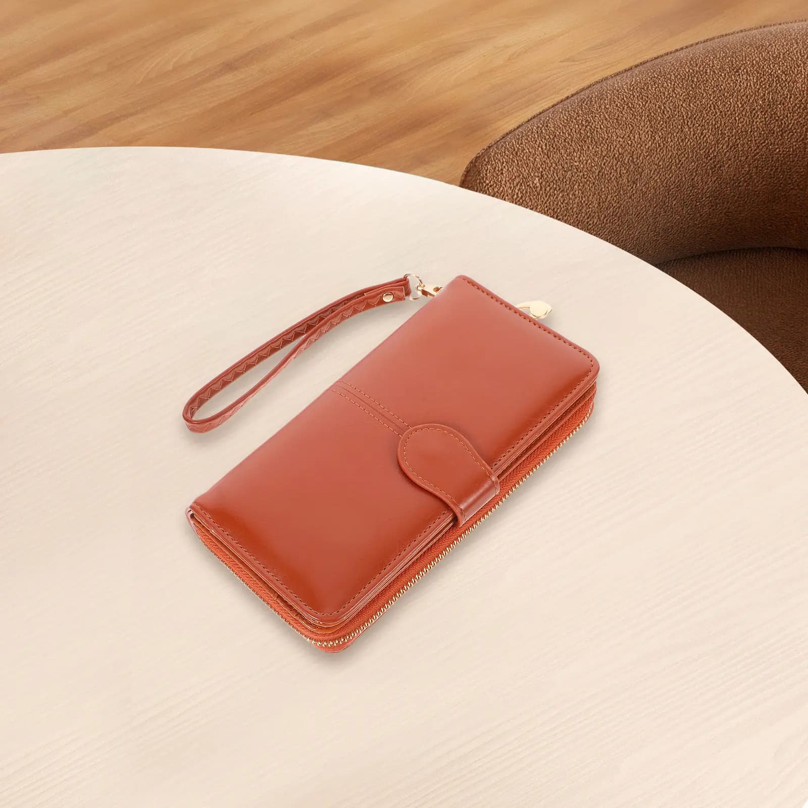 Portafoglio da donna in pelle cerata marrone con cerniera e fibbia, porta monete e carte di credito, borsa a mano per feste, ufficio e uso quotidiano