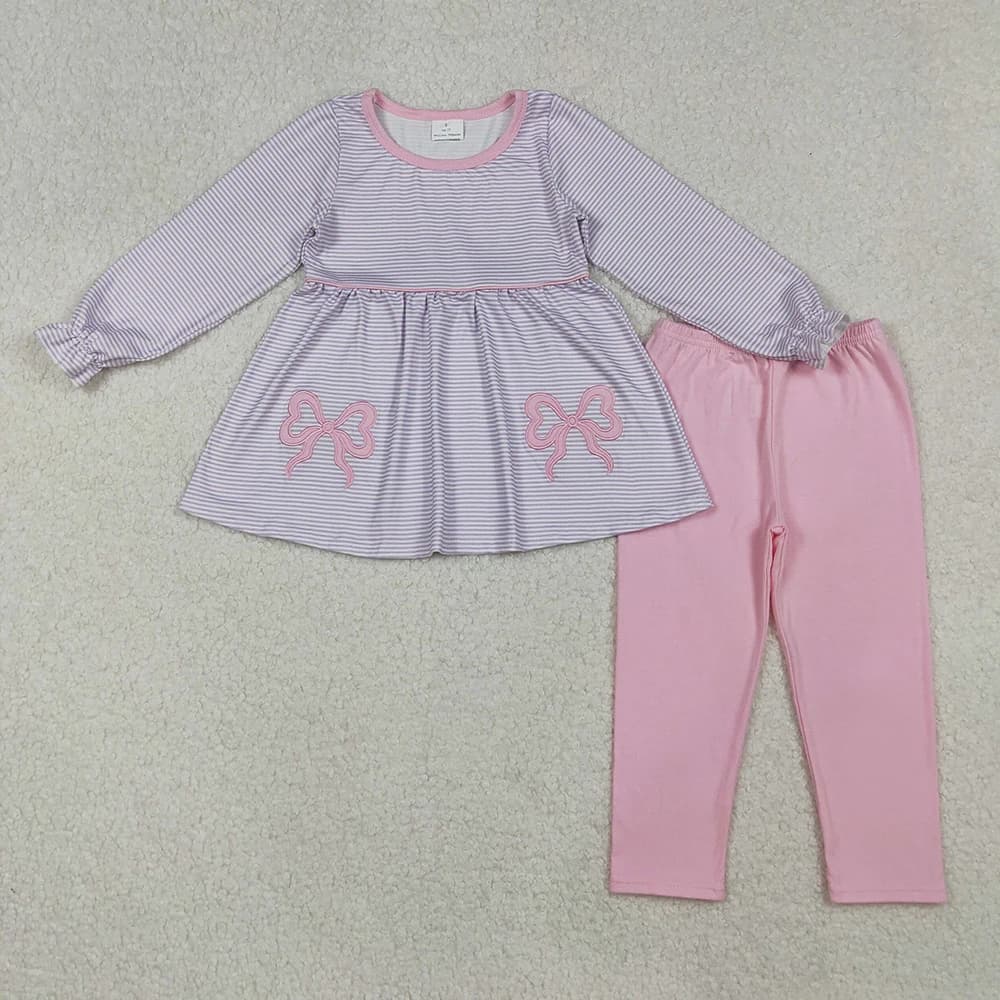 Set tunica e leggings con fiocchi a righe color lavanda ricamati per neonate, completo di leggings rosa a maniche lunghe per ragazze