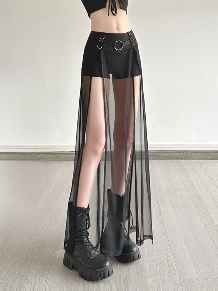 WEEKEEP Shorts a Vita Bassa Stile Punk con Inserti in Rete, Minigonna Bodycon, Abito Lungo con Design con Fibbia in Metallo
