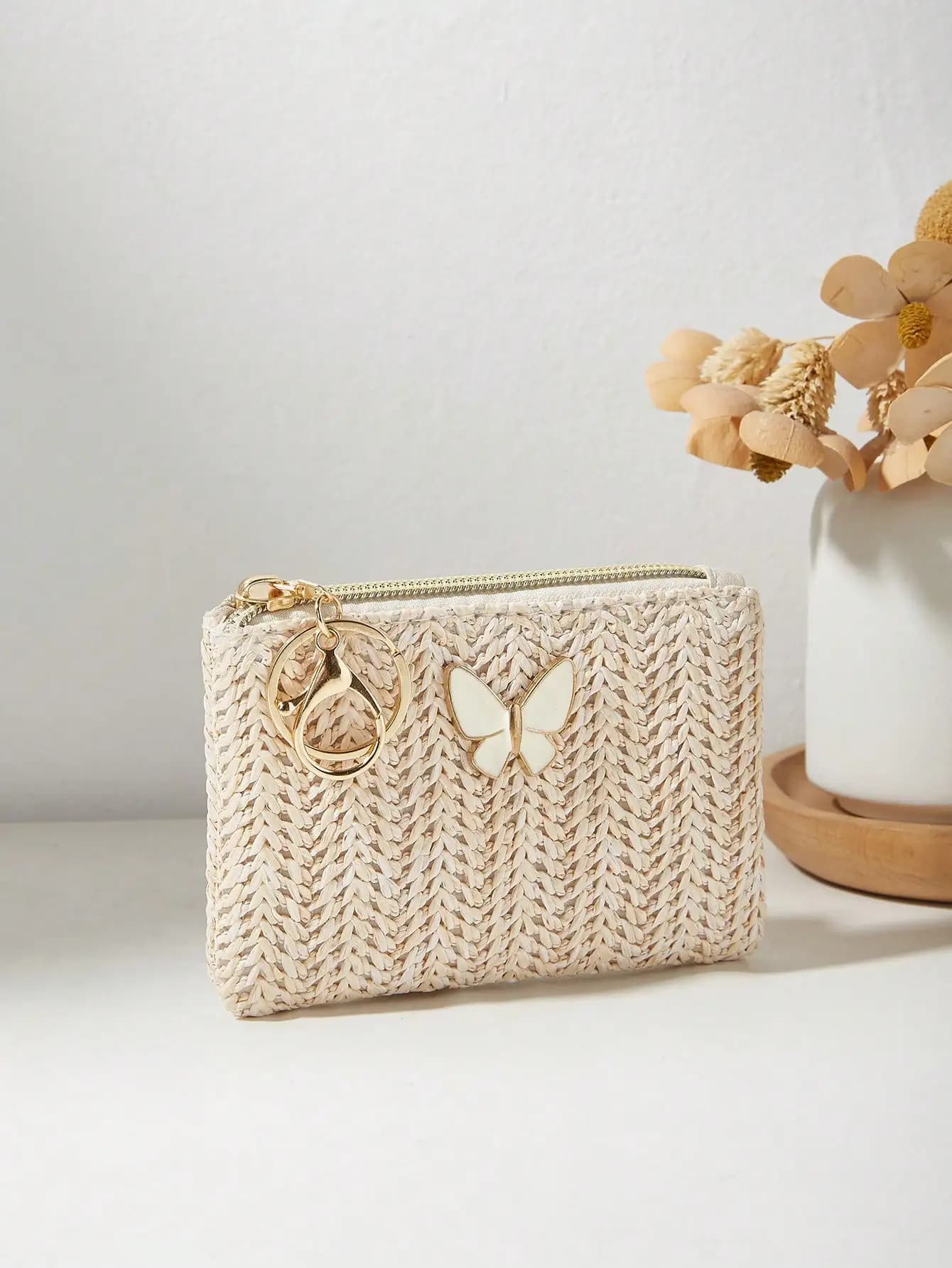 Borsa per il trucco e portamonete in paglia intrecciata alla moda per donna, mini portafoglio, portamonete, portafoglio da polso, portafoglio da viaggio