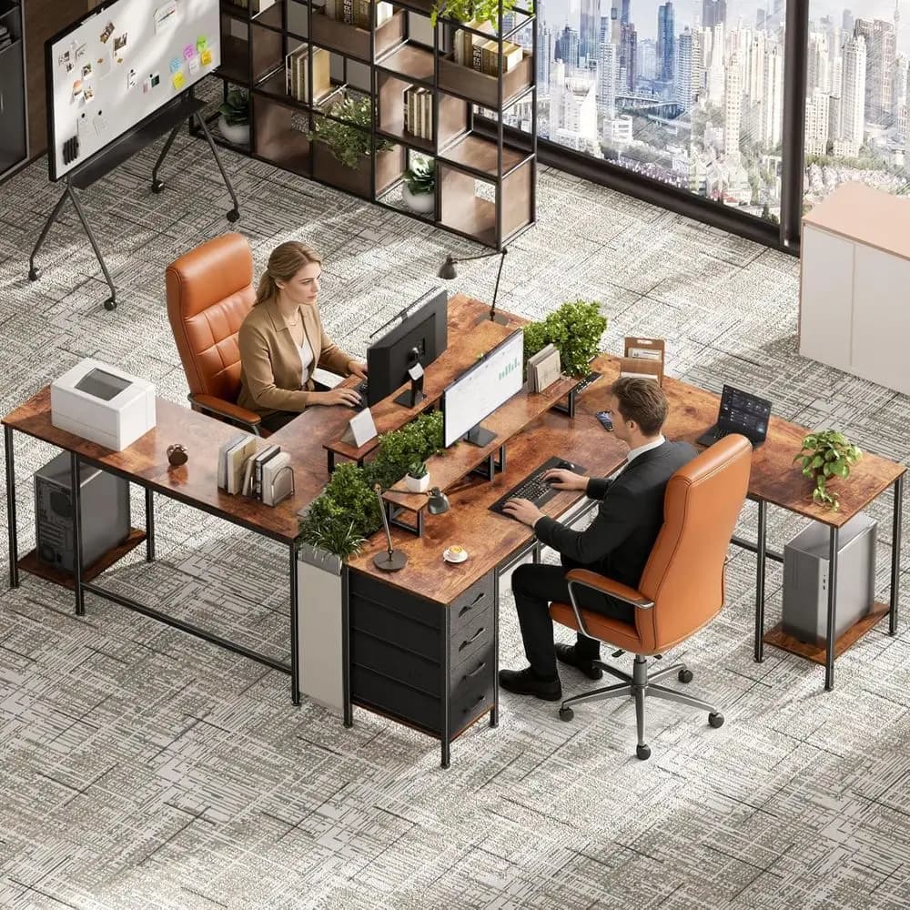 66 Rustic Brown L-Shaped Desk with Power Outlets, 4 Adjustable Shelves & 2 Monitor Stands for Home Office or Gaming