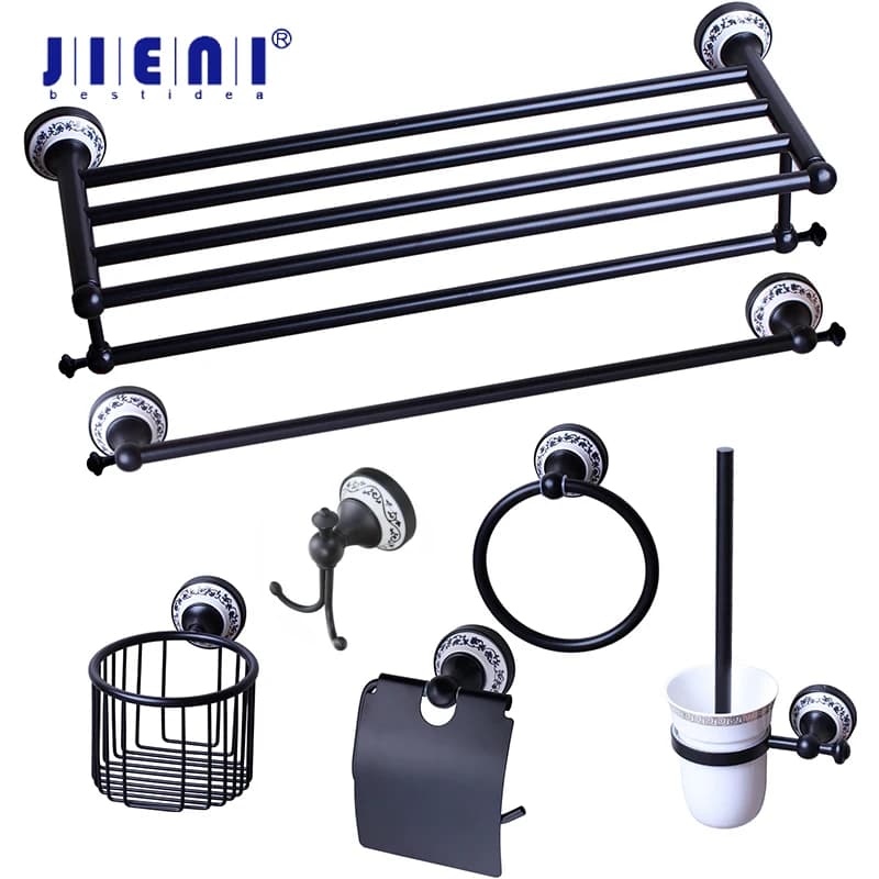JIENI Parete Nero ORB Bagno Accessori Per il Bagno Asciugamano Anello Cremagliera scatola di Carta Igienica Titolare Supporto di Spazzola Tazza Di Vetro Smerigliato