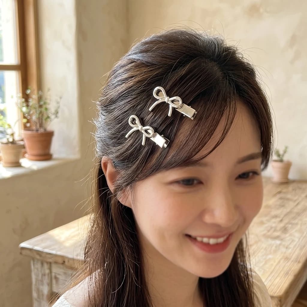 Silver Bow-Hair Clips Pair Elegant Side Bangs Holder For Women