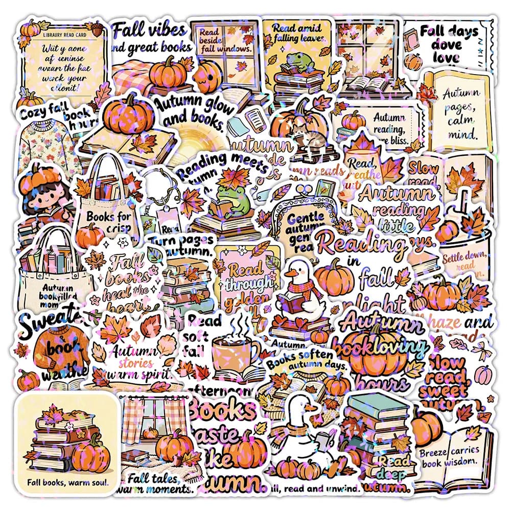 50Pcs Autumn Fall Reading Stickers, Waterproof Vinyl Decals, Pumpkin Maple Leaf Pattern for Laptop Water Bottle Luggage Journal