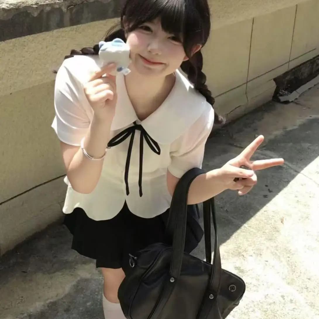 Sweet Pastel Blue JK Uniform Shirt And Skirt Set with Puffy Collar And Waist-Cinching Short Sleeves for plus Size Women