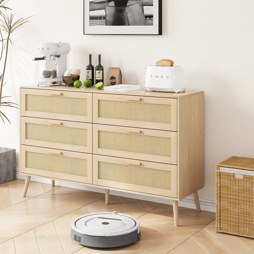 Cassettiera moderna a 6 cassetti, cassettiera ampia con maniglie in legno, cassettiera in rattan per soggiorno, camera da letto, corridoio