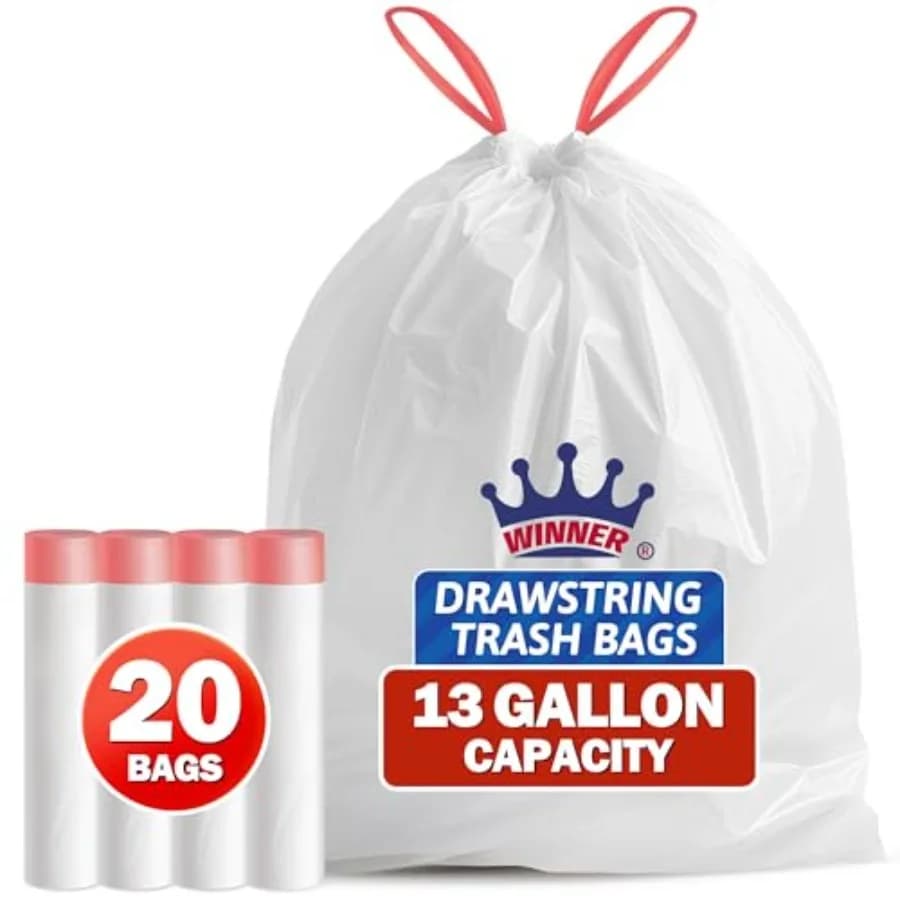 Trash Bags 13 Gallon, 20 Count Drawstring Tall Kitchen Garbage Bags, Unscented White Recycling Bags, Trash Can Wastebasket Bin