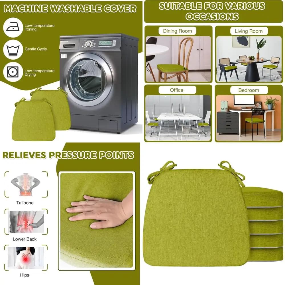 Confezione da 6 cuscini per sedie da pranzo con 2 coperture spesse rimovibili verde fluorescente 17x16 con lacci