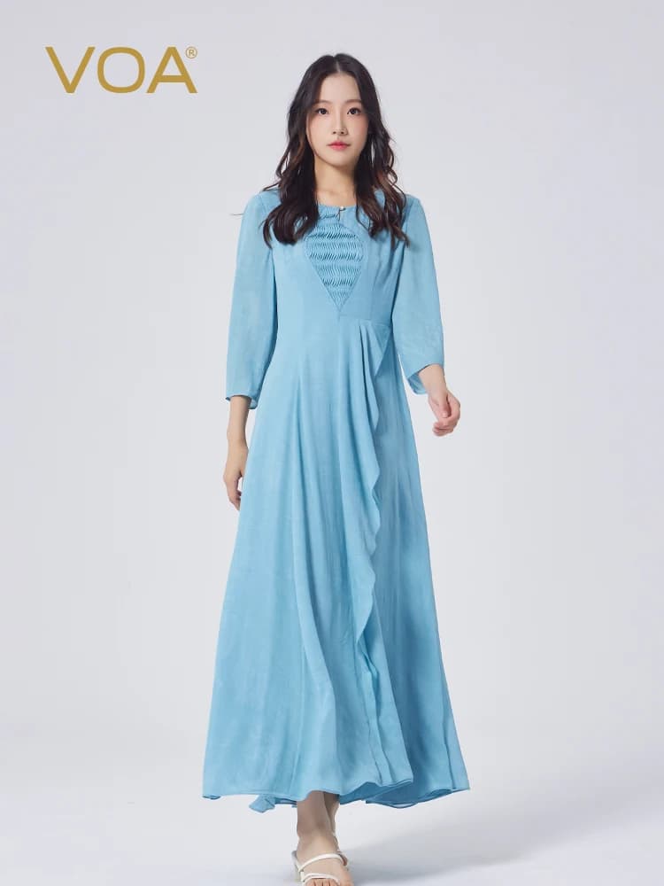 VOA jacquard georgette seta tridimensionale decorativa plissettata manica nove quarti abito temperamento sottile medio e lungo