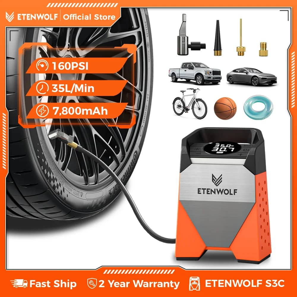 ETENWOLF S3C Compressore per auto 7800mAh 160 PSI Pompa di gonfiaggio per pneumatici portatile Pompa di aria per pneumatici elettrica senza fili Strumenti Powerbank LED